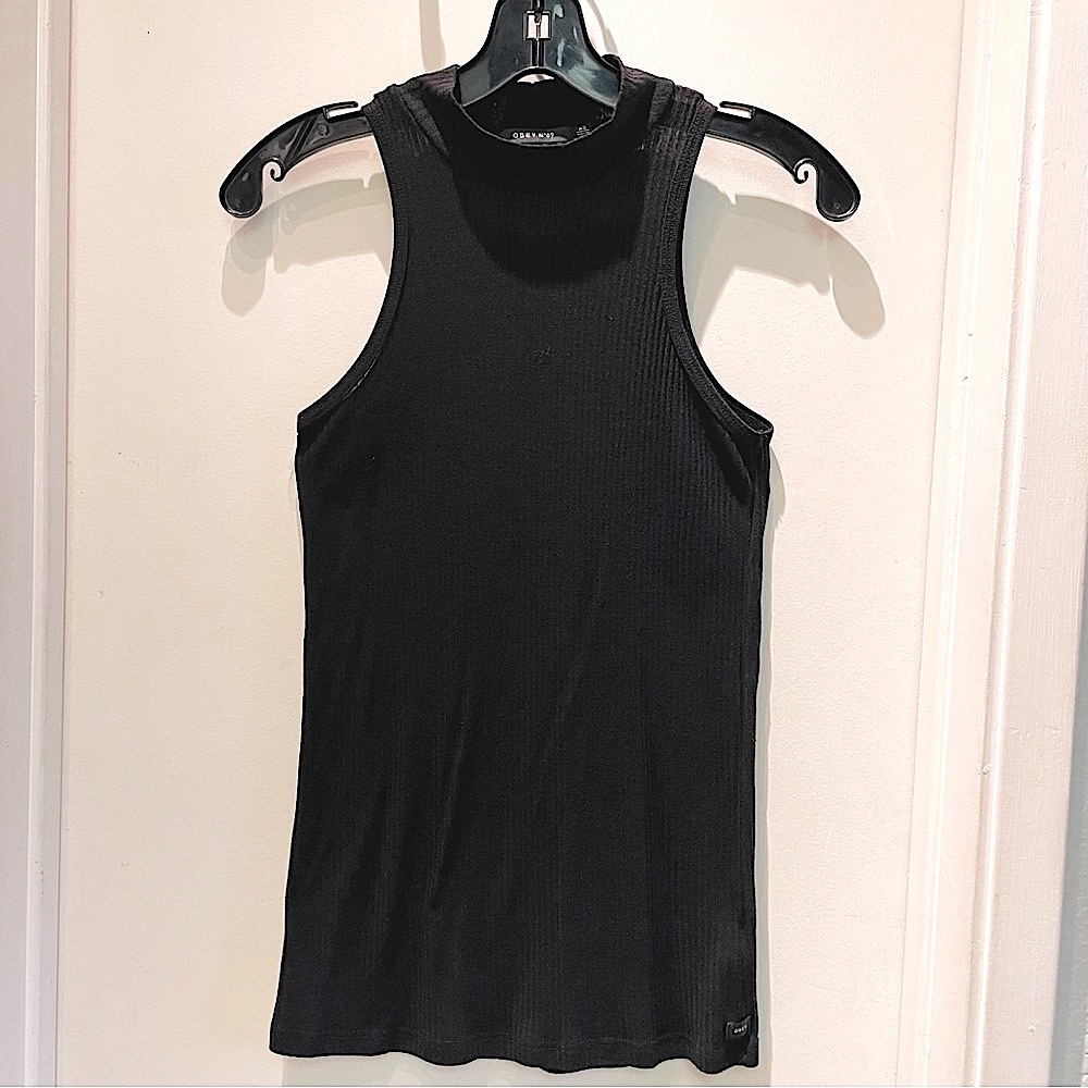 OBEY semi-sheer ribbed mock neck sleeveless shirt